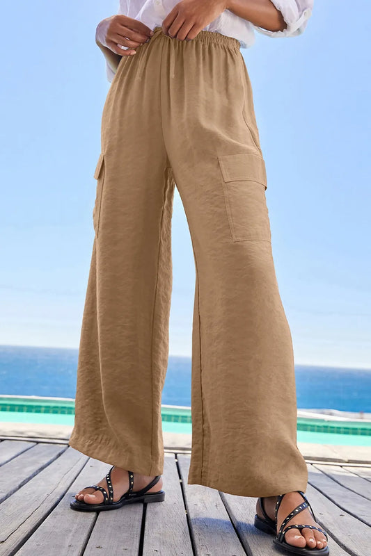 Drawstring Frilled Waist Wide Leg Utility Trousers - Khaki