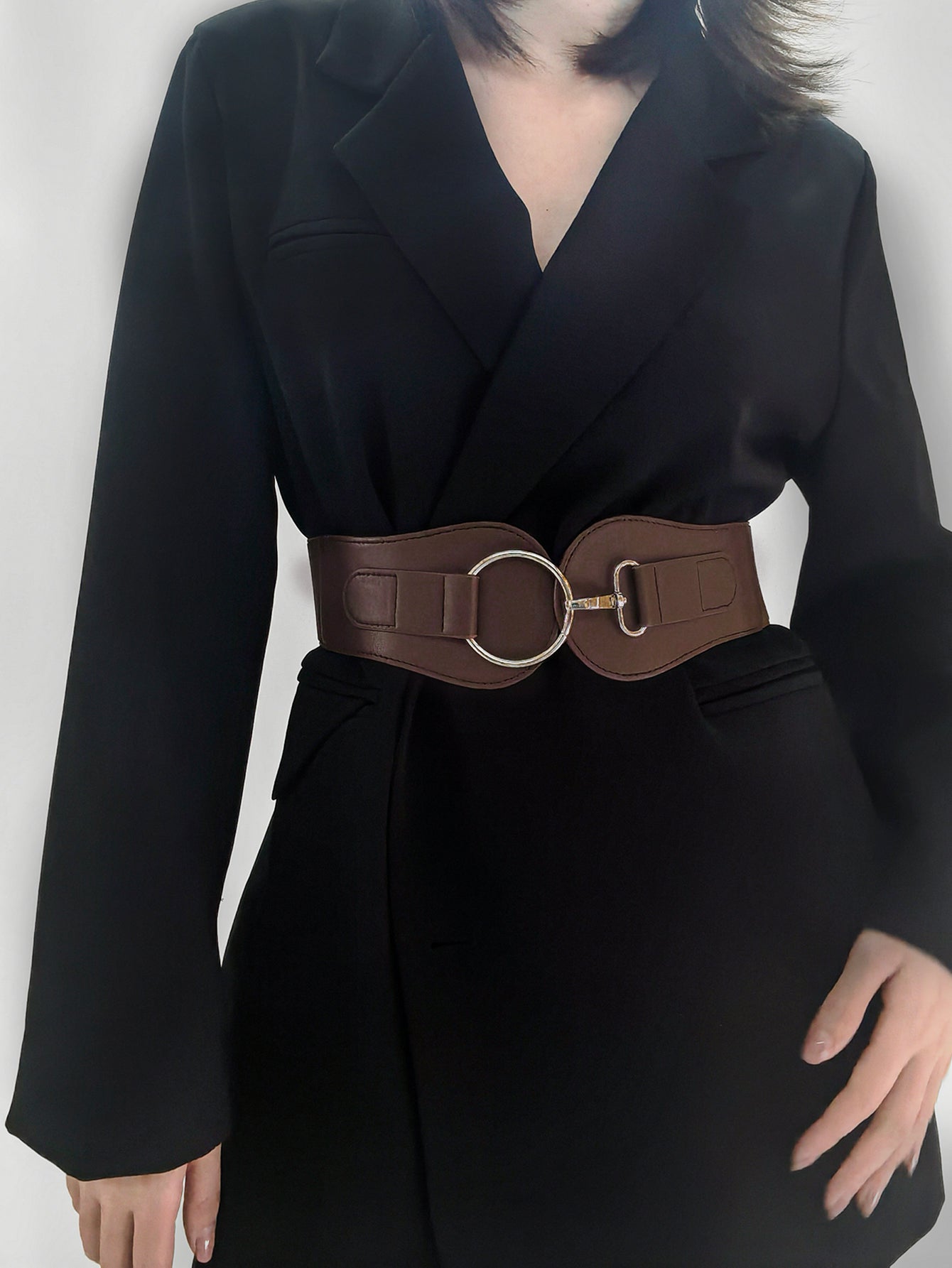 PU Elastic Wide Belt - Brown One Size