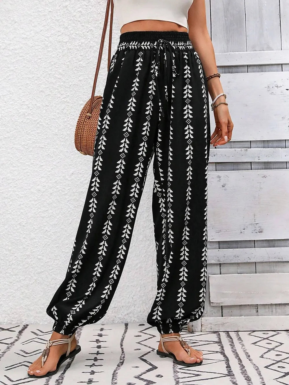 Tied Printed High Waist Pants - Black