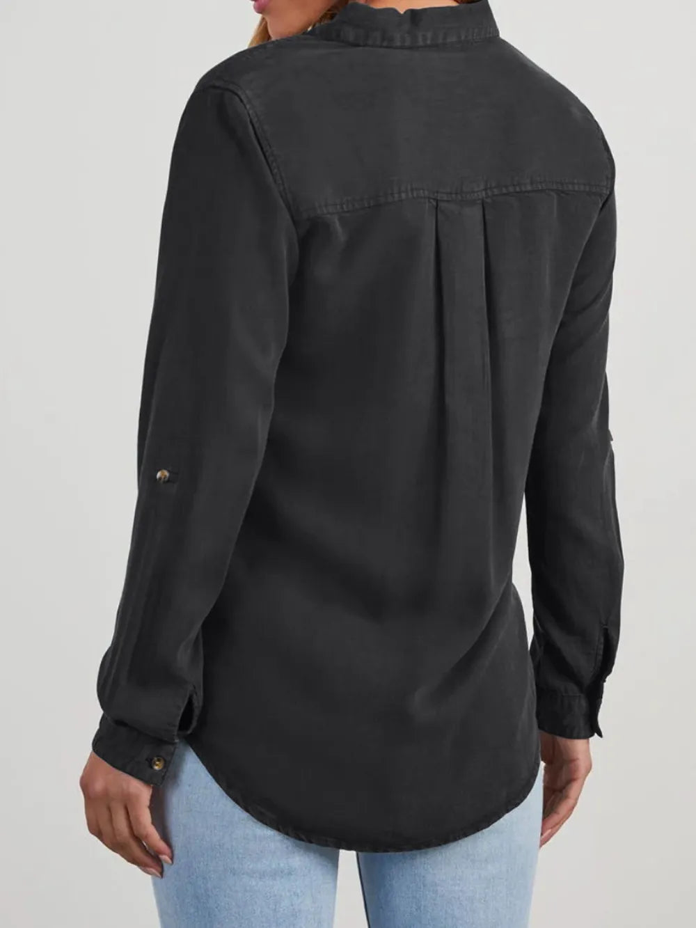 Collared Neck Roll-Tab Sleeve Denim Top -