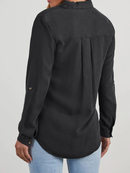 Collared Neck Roll-Tab Sleeve Denim Top -