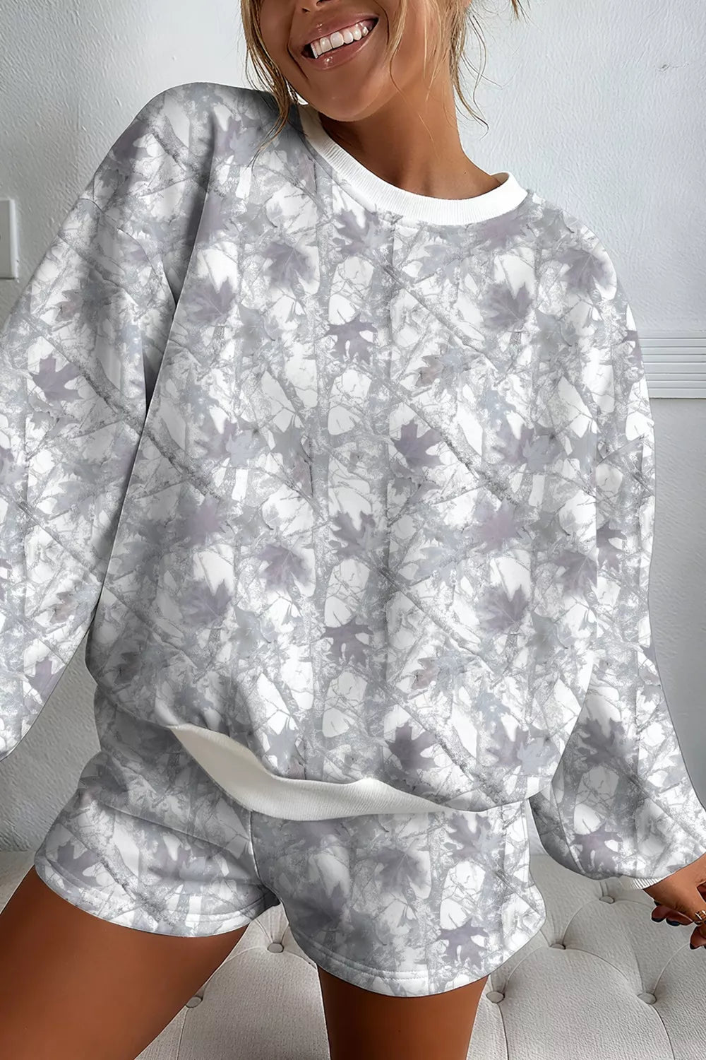 Abstract Camo Print Baggy Pullover Shorts Set -