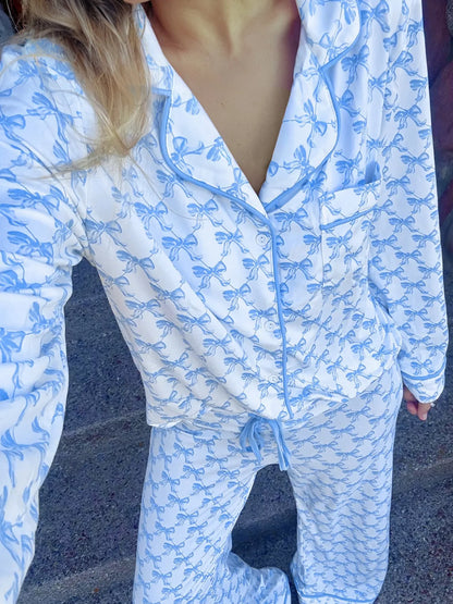 Bow Print Long Sleeve Shirt and Pants Pajama Set -