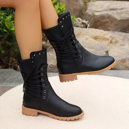 Studded Lace-Up Boots - Black