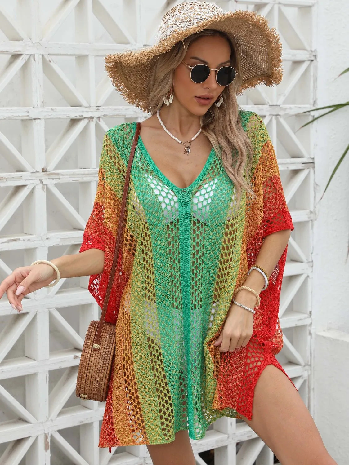 Rainbow Gradient Crochet Beach Cover-Up -