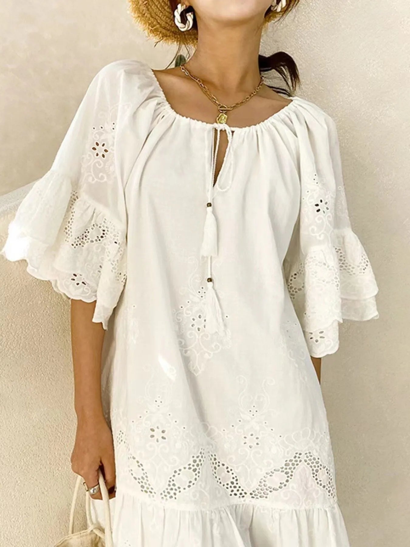 Eyelet Embroidered Tassel Tie Neck Dress -