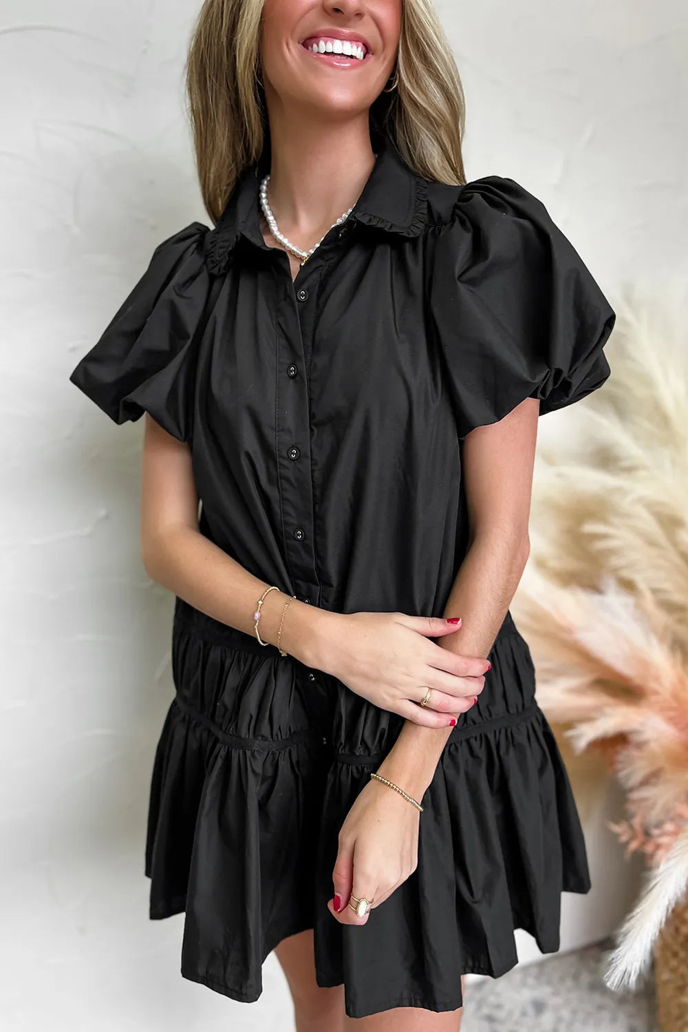 Button Down Puff Sleeve Ruffle Hem Dress -