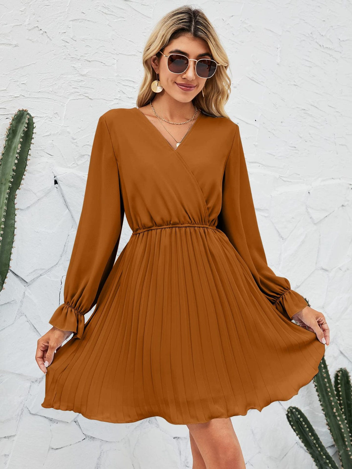 Surplice Flounce Sleeve Pleated Mini Dress - Caramel