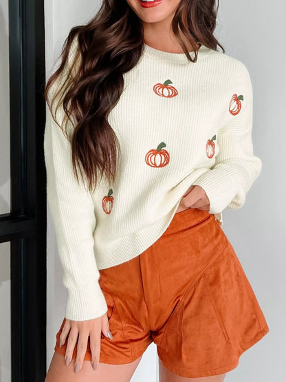 Pumpkin Embroidered Long Sleeve Sweater -