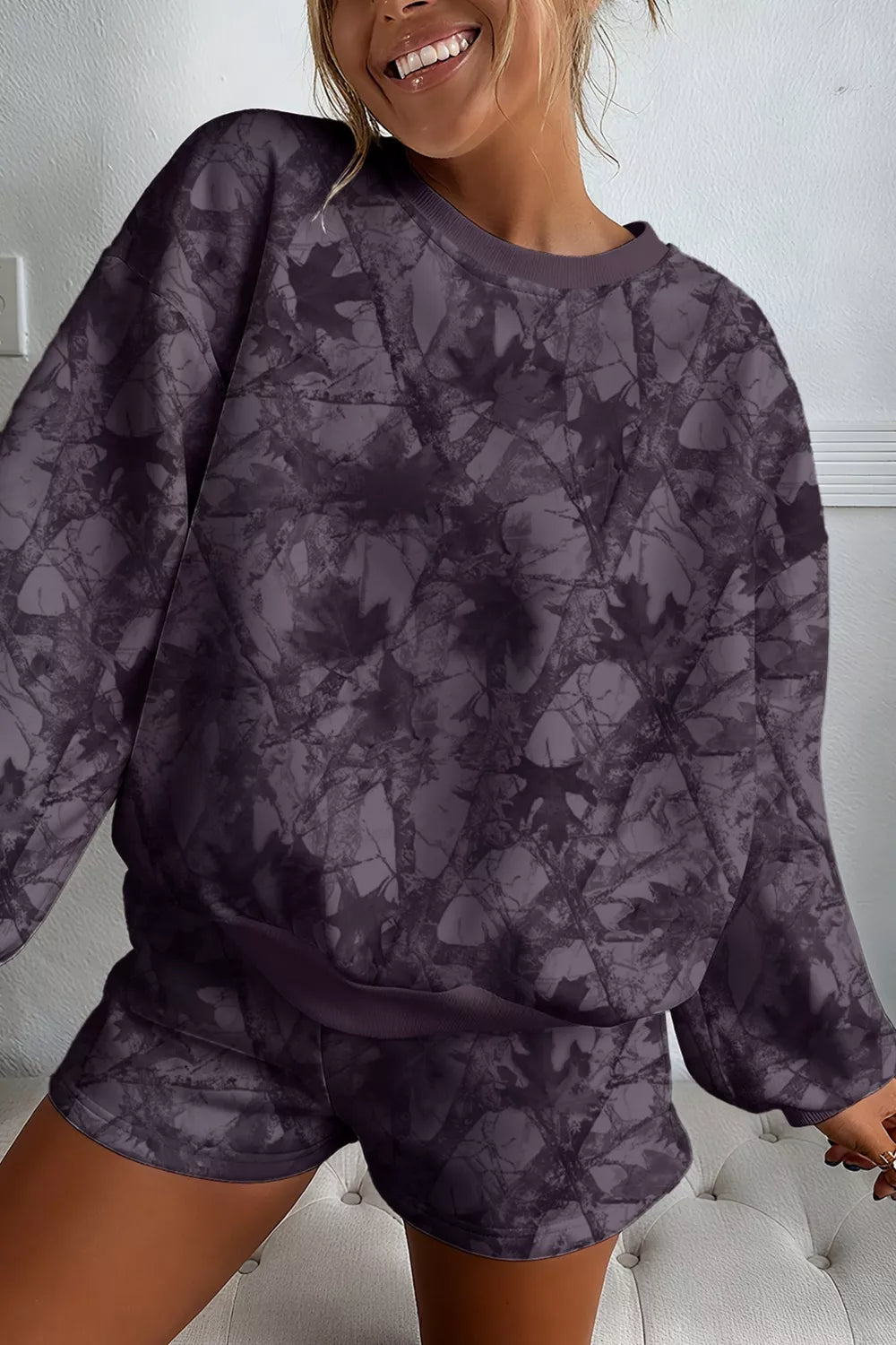 Abstract Camo Print Baggy Pullover Shorts Set -