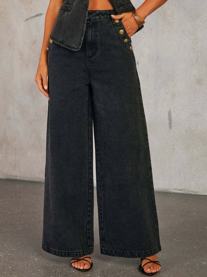 Button Decor High Rise Wide Leg Jeans -