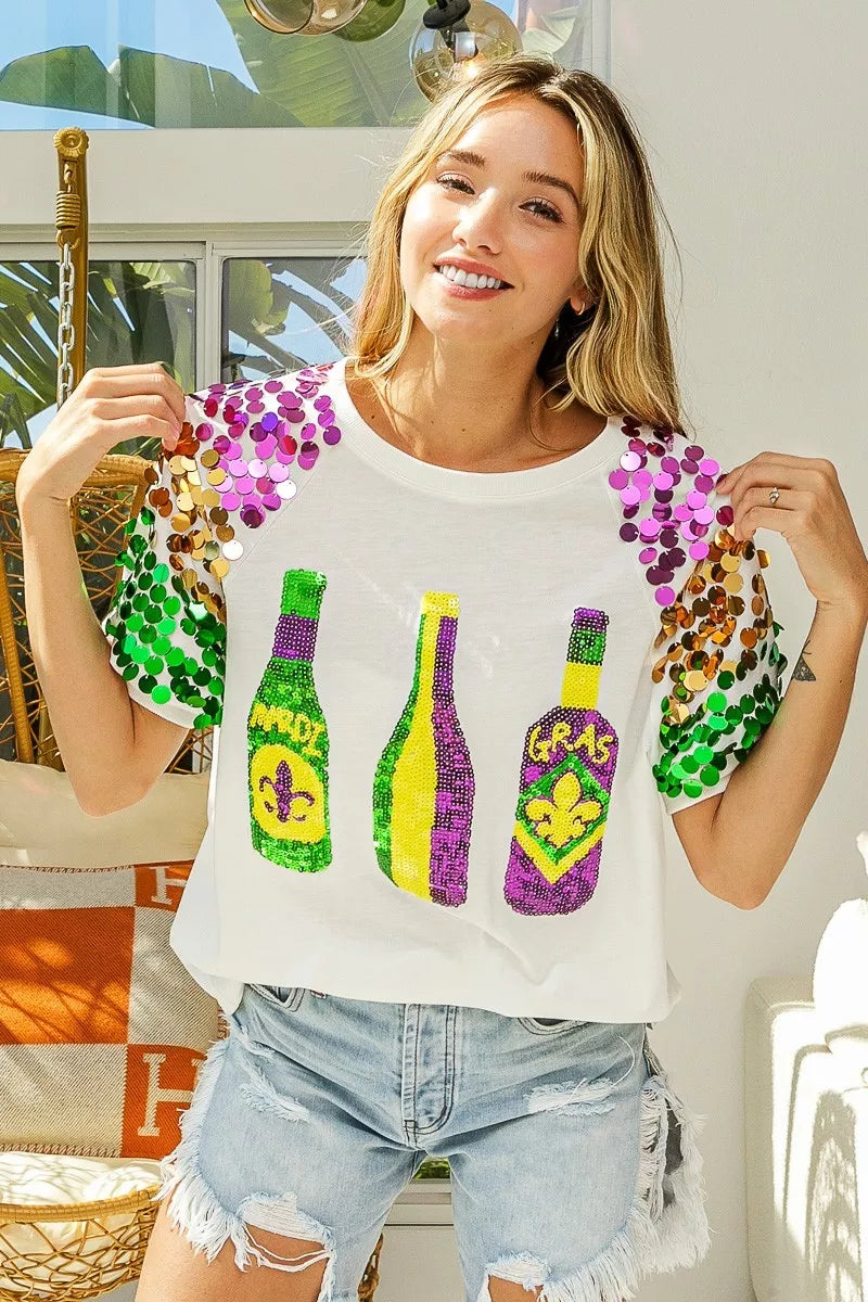 Sequin Mardi Gras Bottles Spangled Sleeve Top -