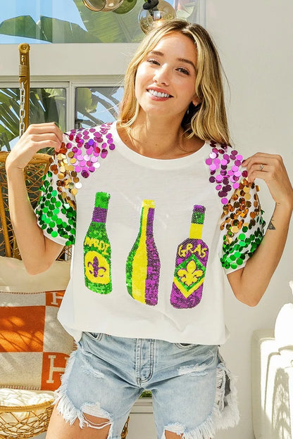 Sequin Mardi Gras Bottles Spangled Sleeve Top -