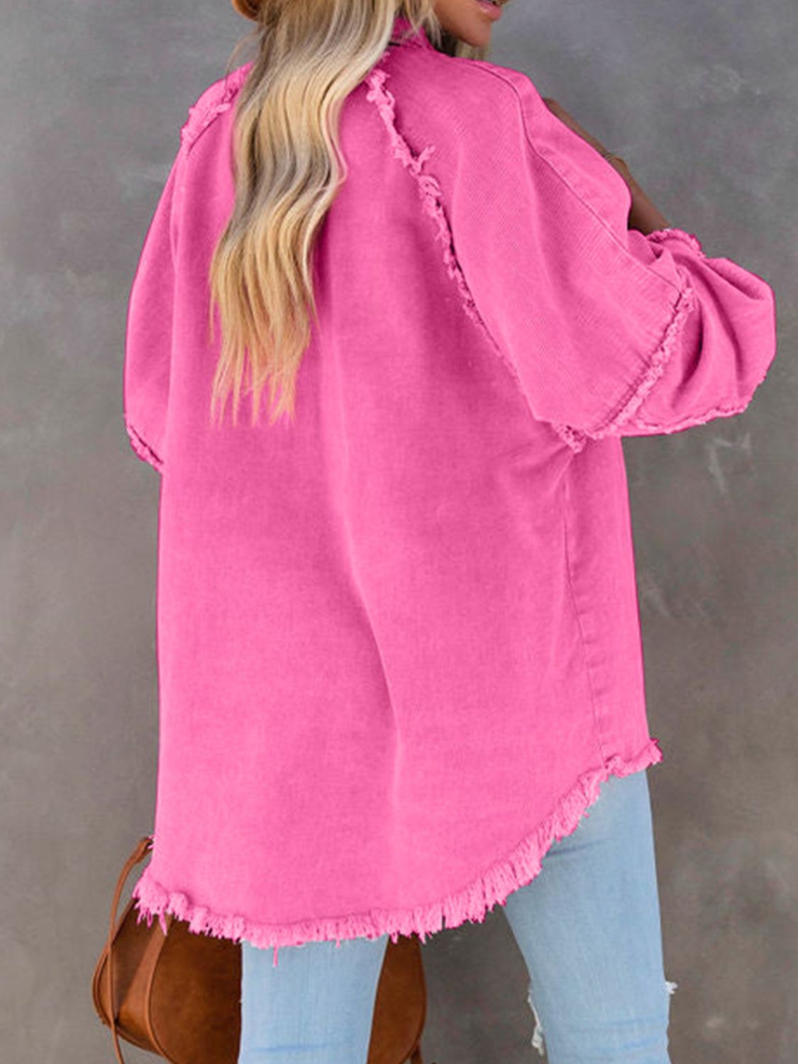 Button Down Raw Hem Denim Jacket - Pink
