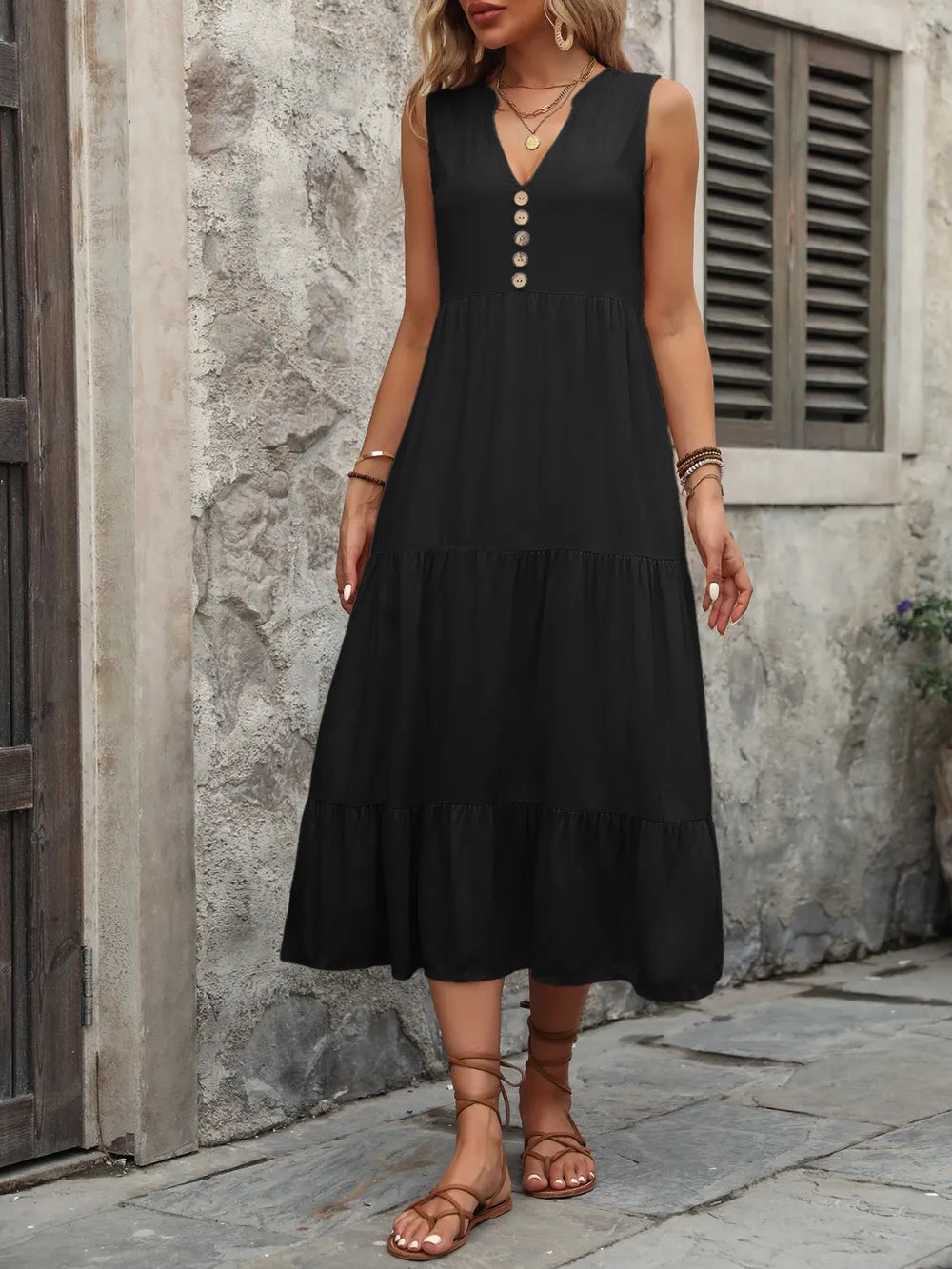 Decorative Button Notched Sleeveless Dress -