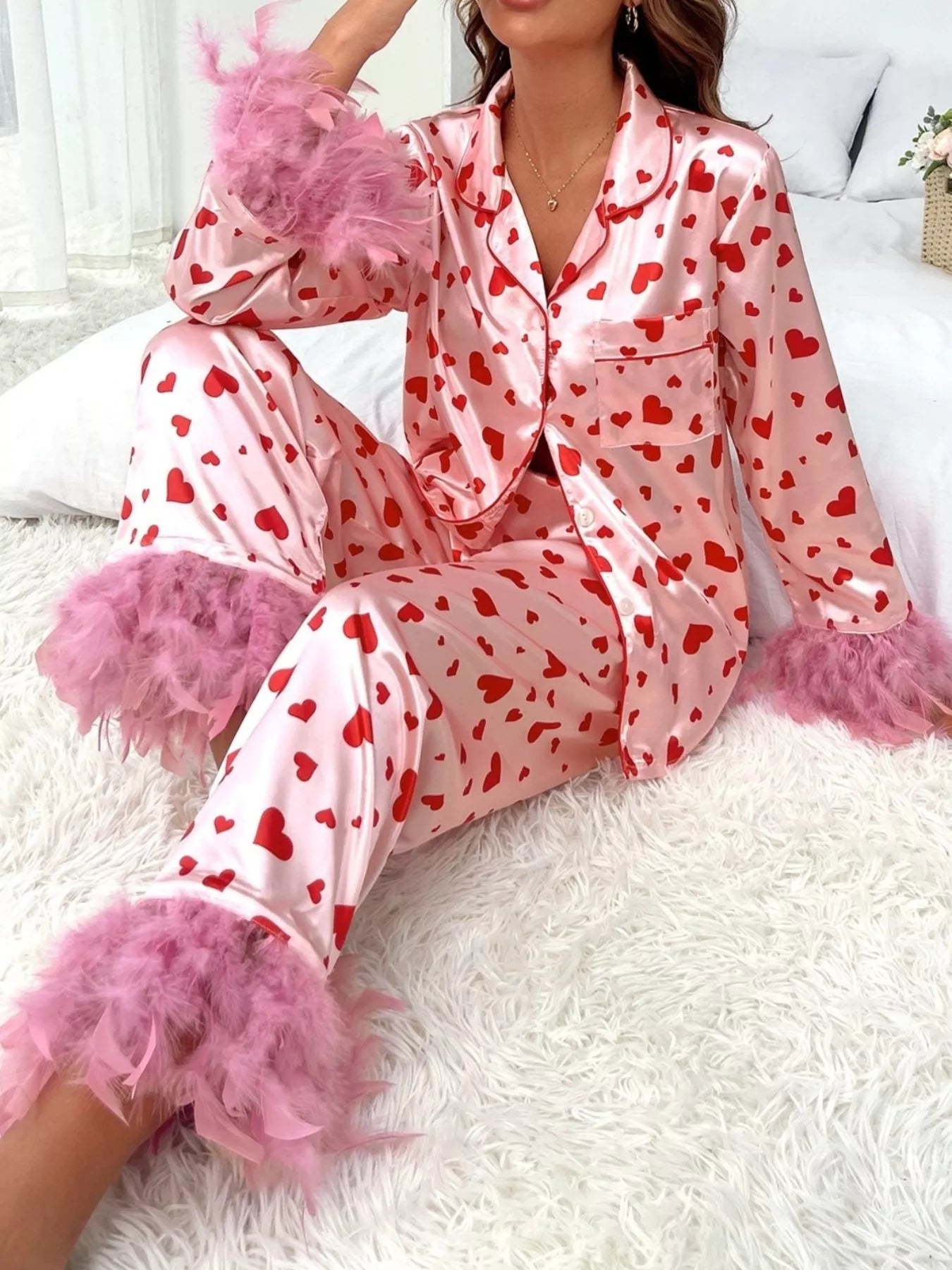 Heart Print Button Up Top and Pants Lounge Set -