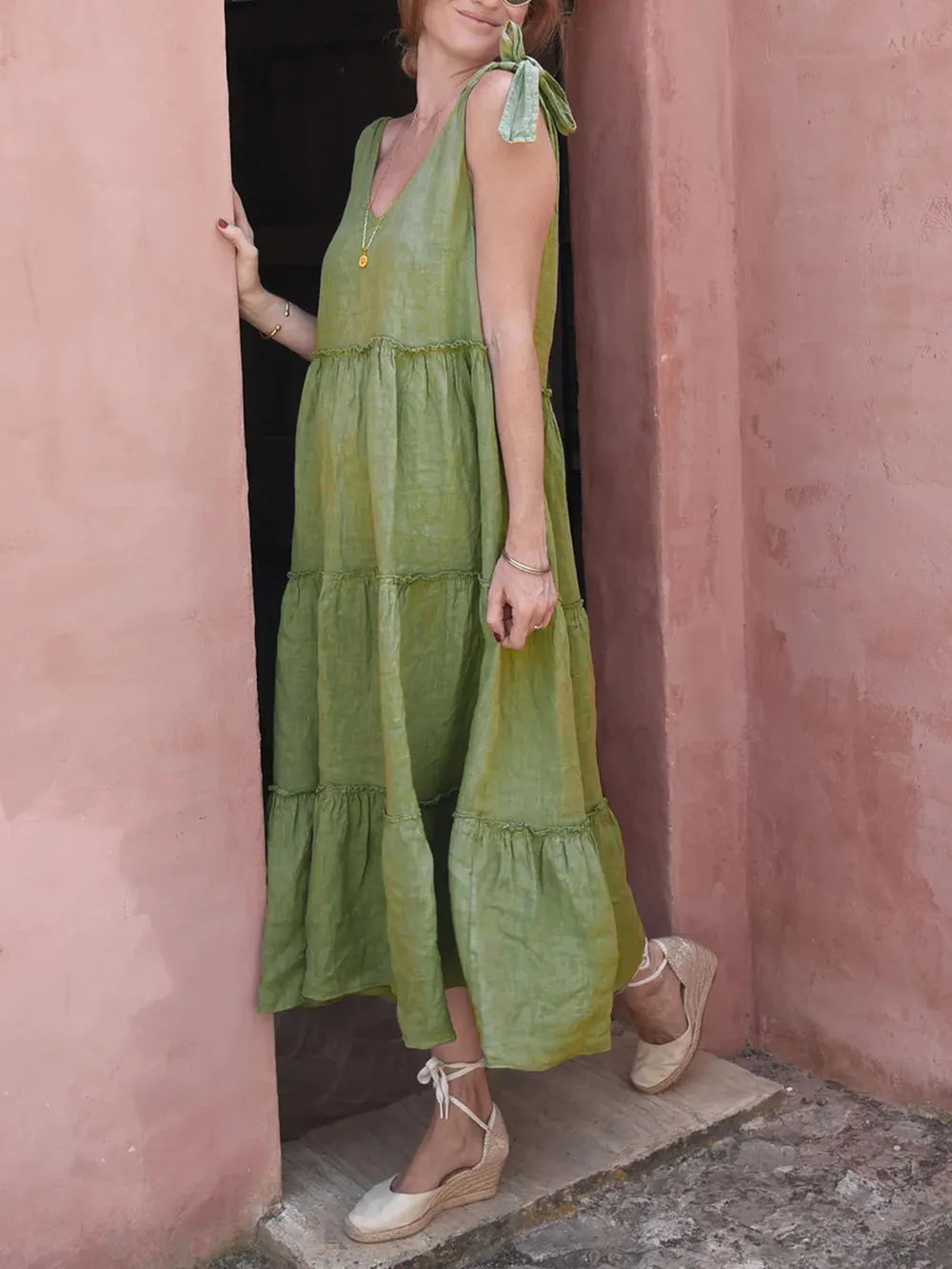 Tiered Frill V-Neck Sleeveless Dress -