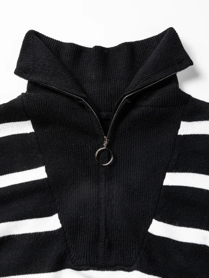 Striped Collared Loose Sweater Mini Dress -