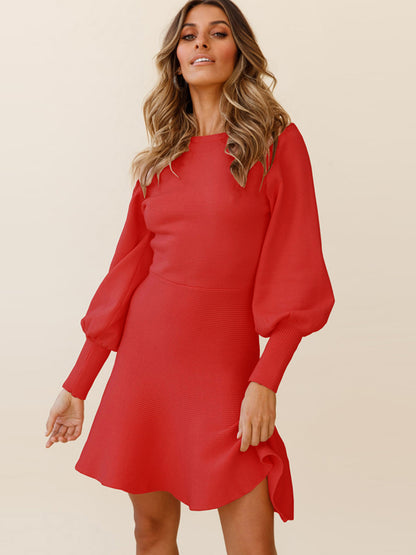 Round Neck Lantern Sleeve Sweater Dress | AdoreStarr