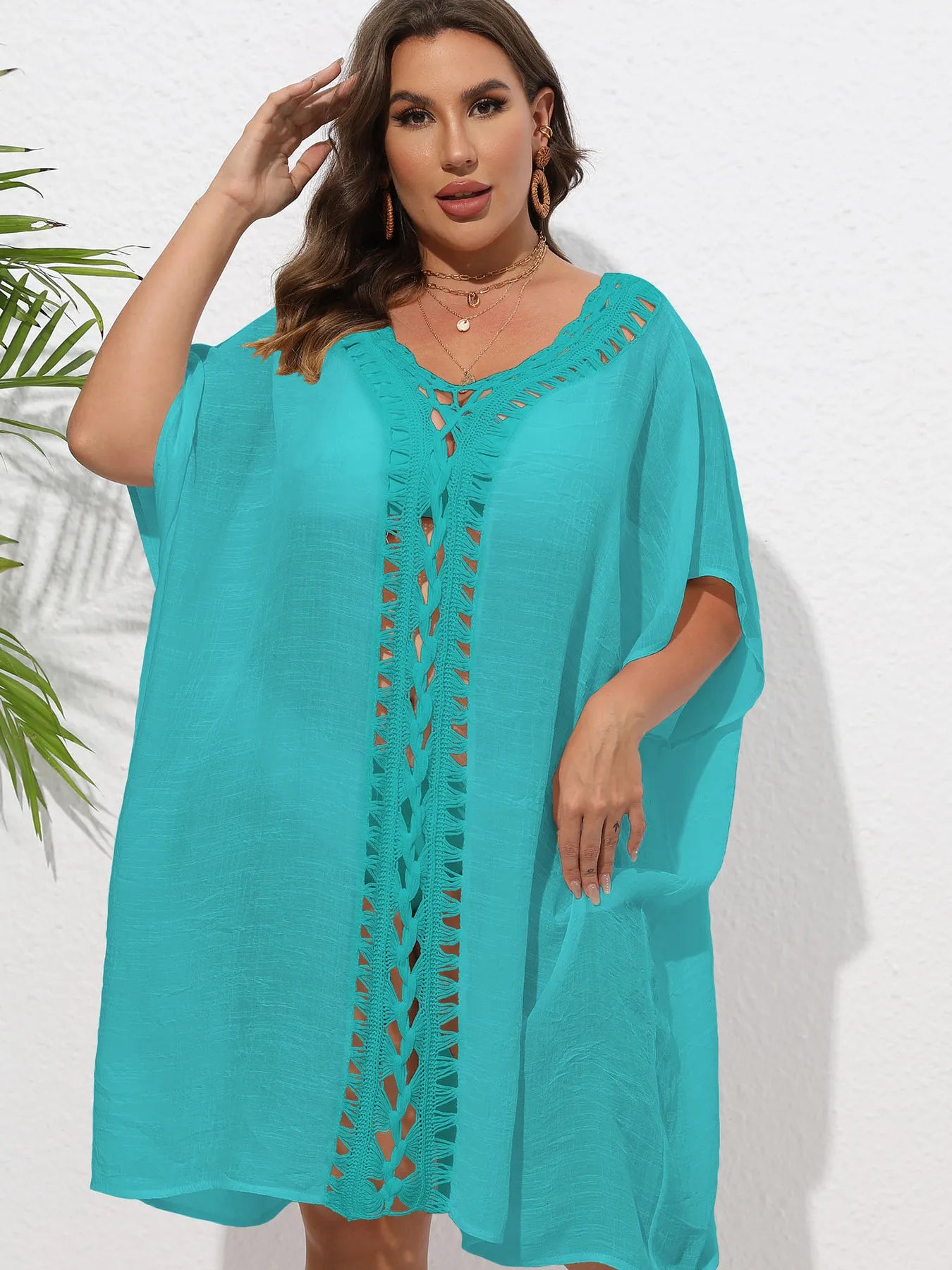 Crochet Trim V-Neck Beach Cover-Up Dress - Green One Size