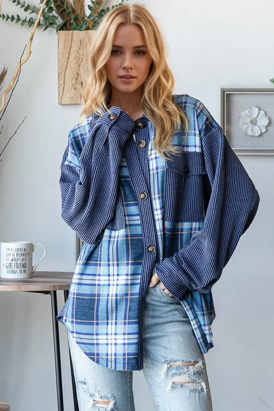 Plaid Button Up Long Sleeve Shacket - Blue