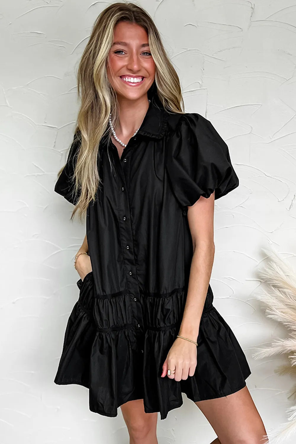 Button Down Puff Sleeve Ruffle Hem Dress -