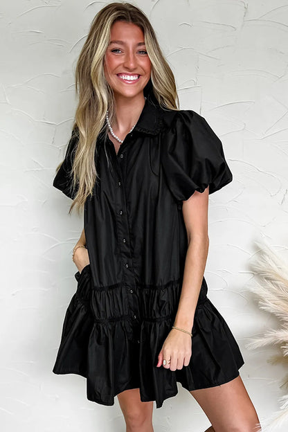 Button Down Puff Sleeve Ruffle Hem Dress -