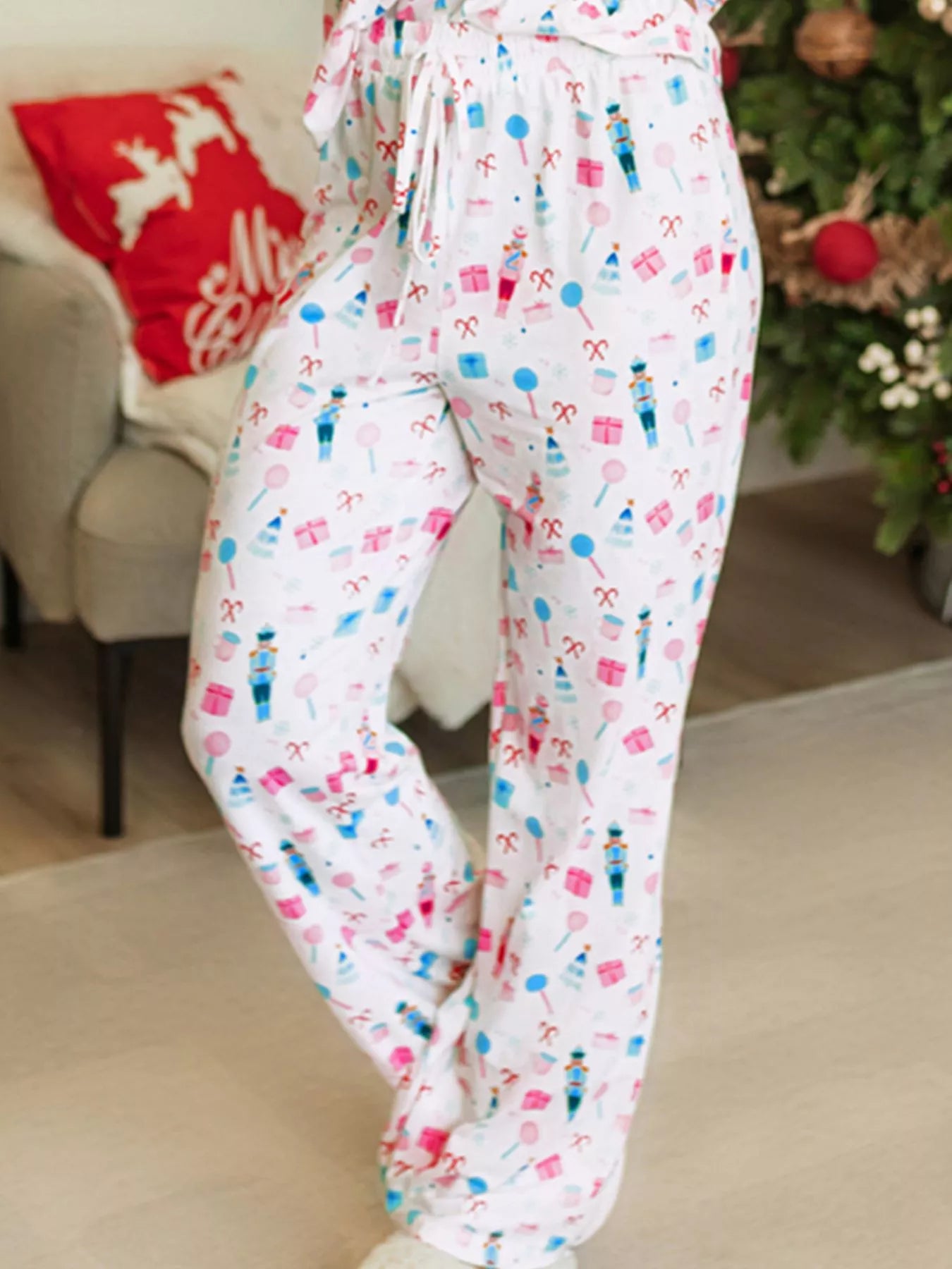 Christmas Pattern Long Sleeve Top and Wide Leg Pants Set -