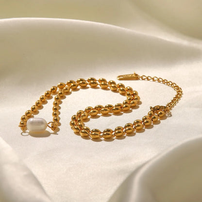 Pearl and Gold Chain Jewelry Set with Necklace and Bracelet -