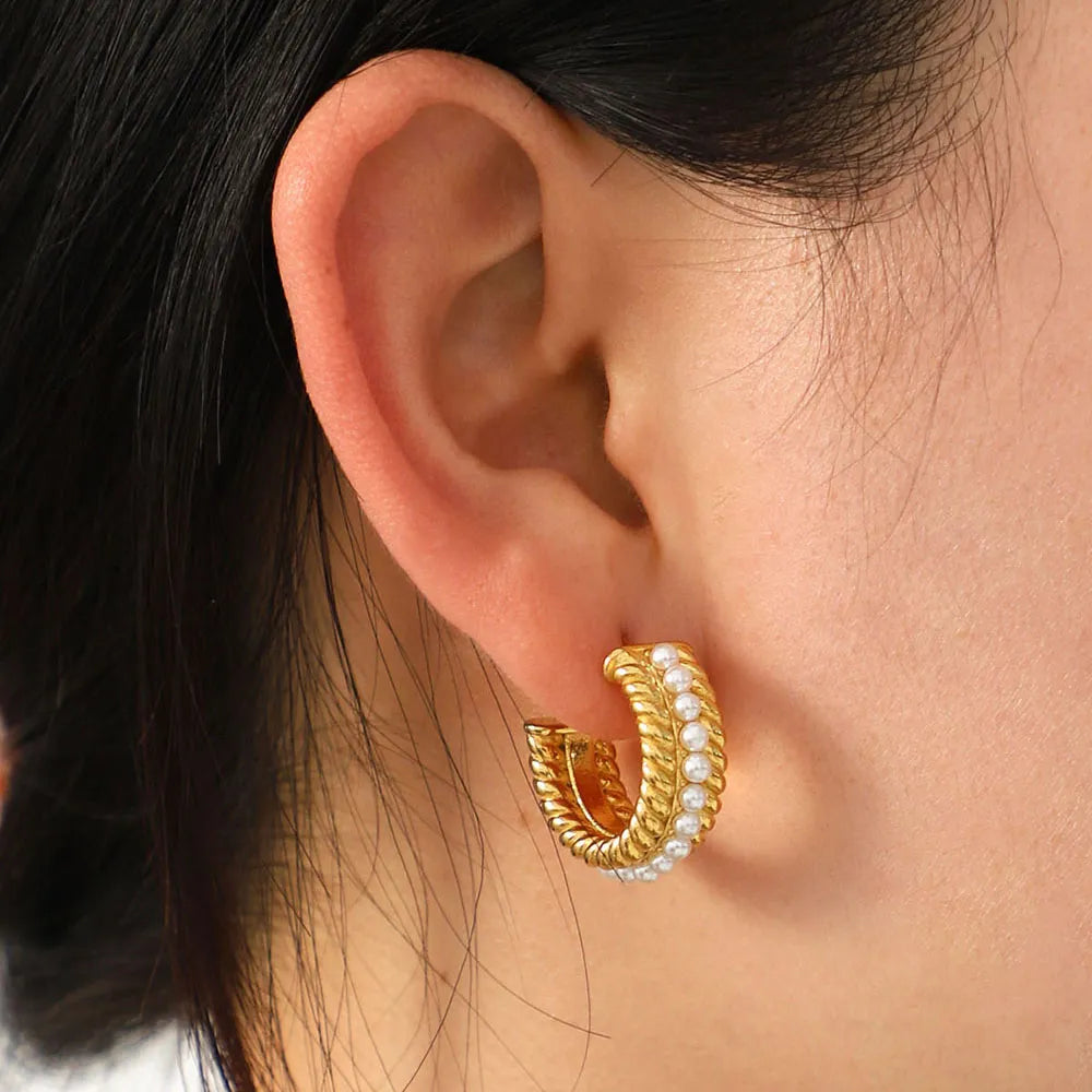 Stainless Steel Pearl C-Hoop Earrings - Gold One Size