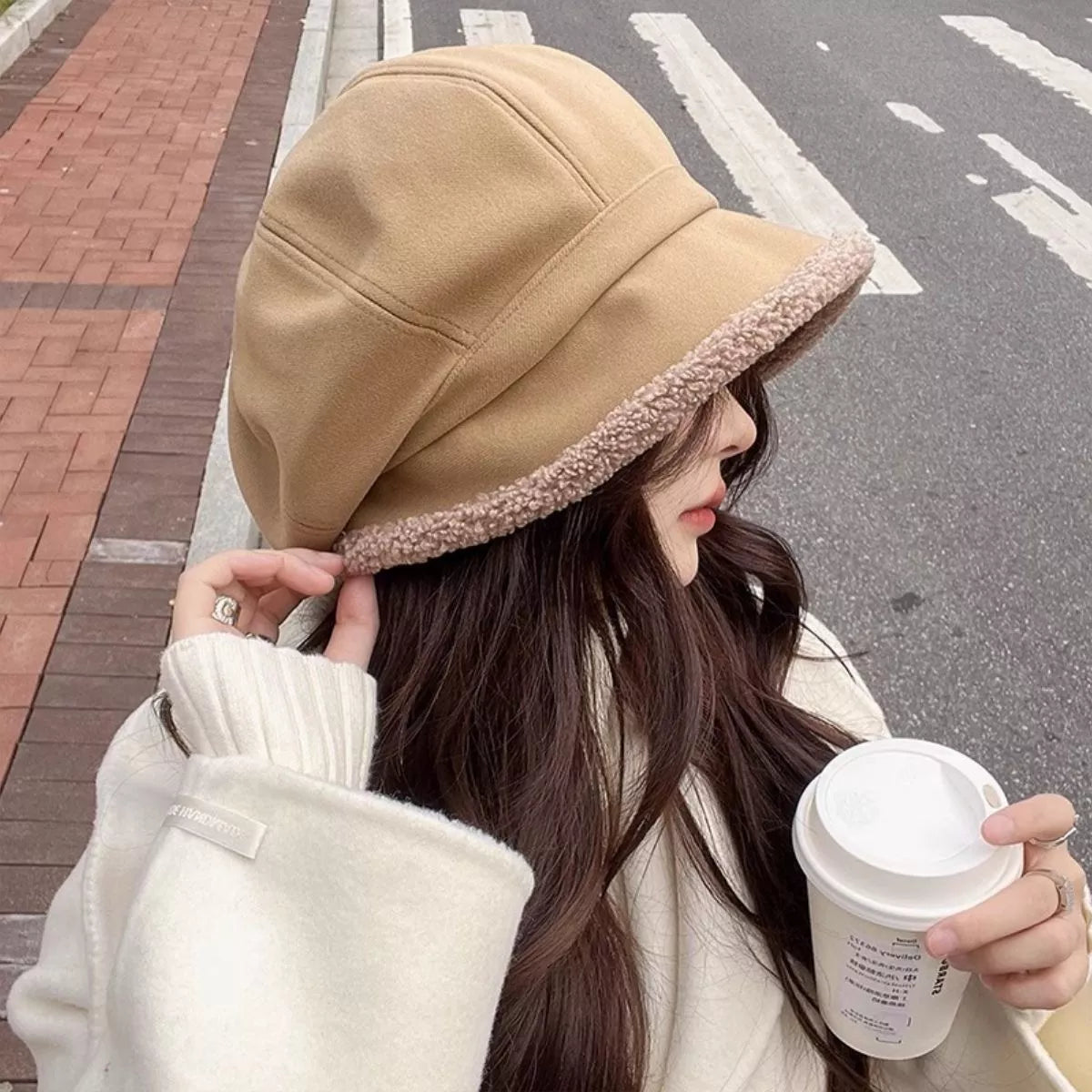 Plush Trim Baker Boy Hat - Khaki One Size