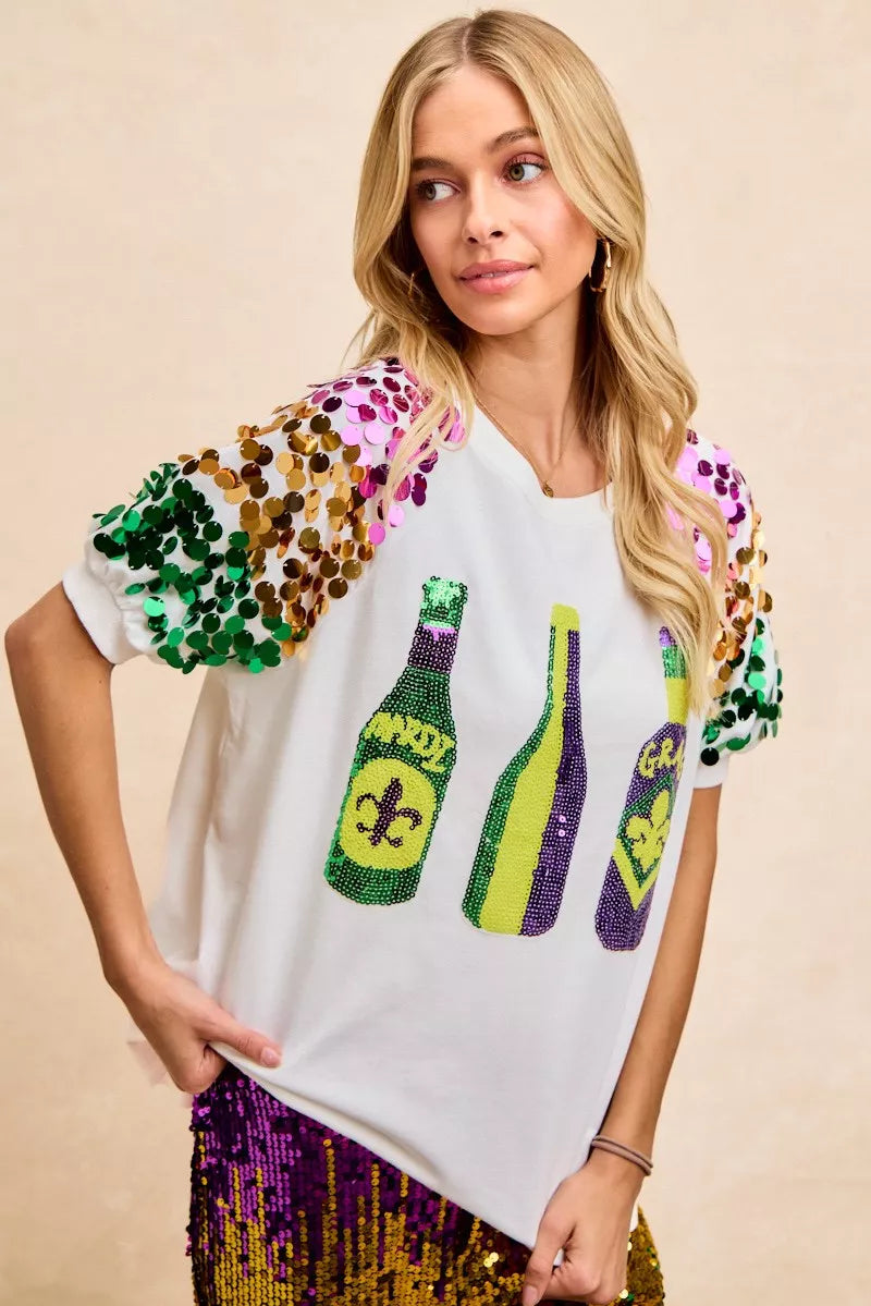 Sequin Mardi Gras Bottles Spangled Sleeve Top -