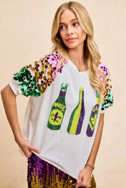 Sequin Mardi Gras Bottles Spangled Sleeve Top -
