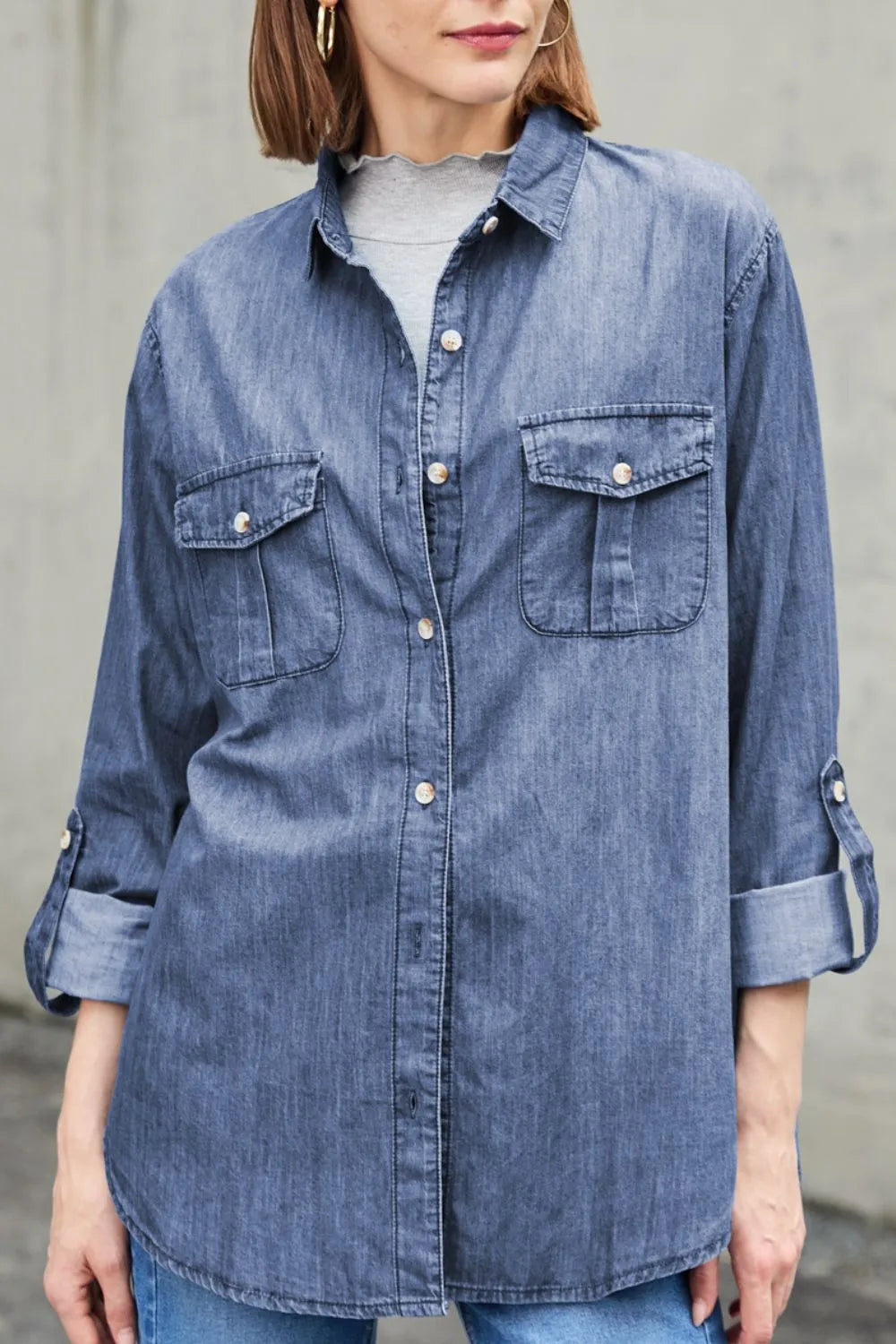 Collared Neck Long Sleeve Denim Top -