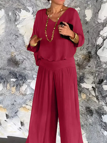 V-Neck Top and Wide Leg Pants Two-Piece Set -