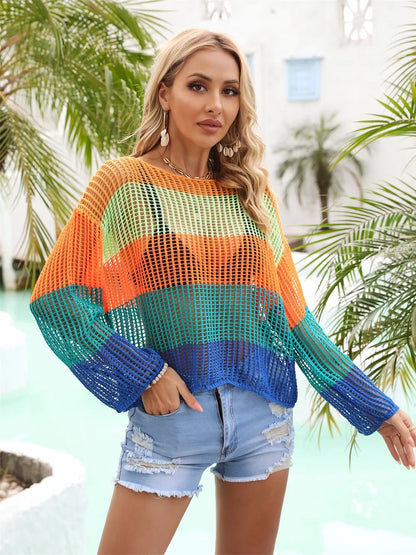 Color Block Openwork Boat Neck Cover Up - Turquoise