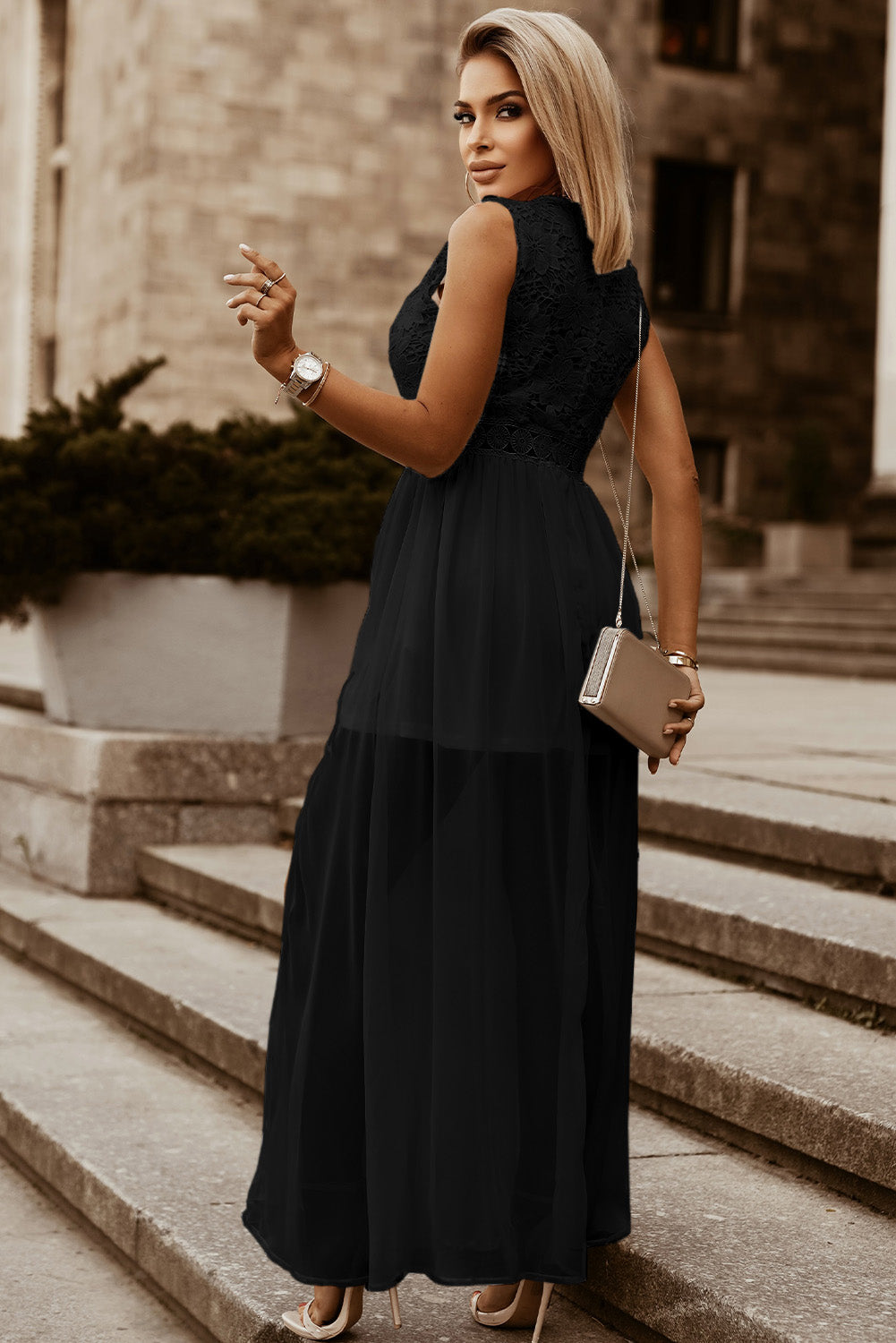 Slit Lace Detail V-Neck Dress | AdoreStarr