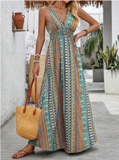 Tied Back Printed Sleeveless Maxi Slit Dress -