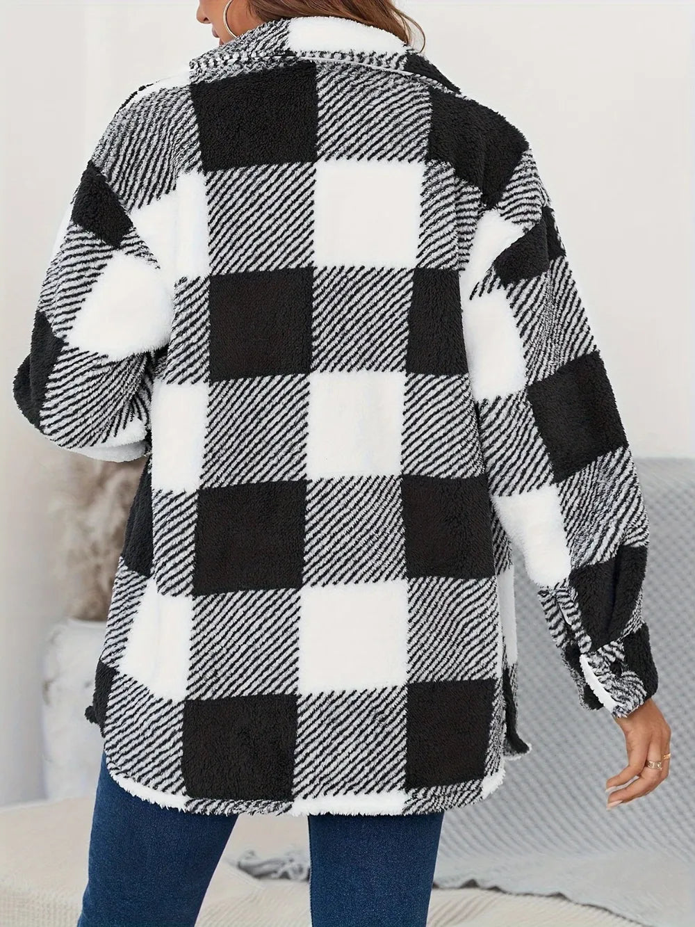 Plaid Button Up Long Sleeve Fuzzy Outerwear - Black