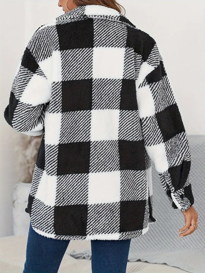Plaid Button Up Long Sleeve Fuzzy Outerwear - Black