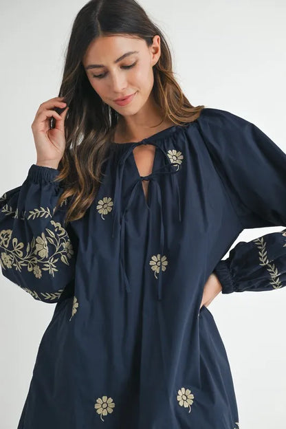 Embroidered Long Sleeve Peasant Mini Dress -