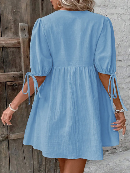 V-Neck Puff Sleeves Mini Dress -