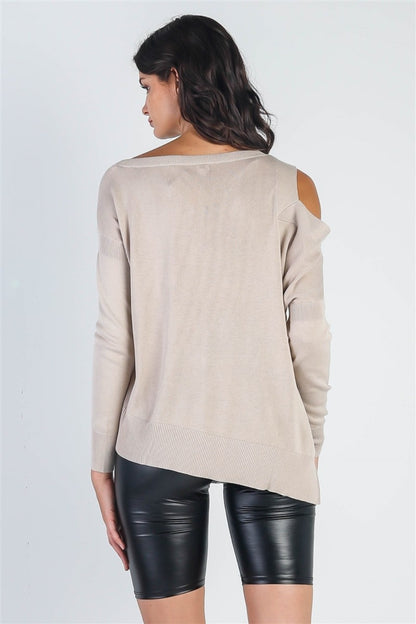 UNIQ Cold Shoulder Long Sleeve Knit Top - Beige