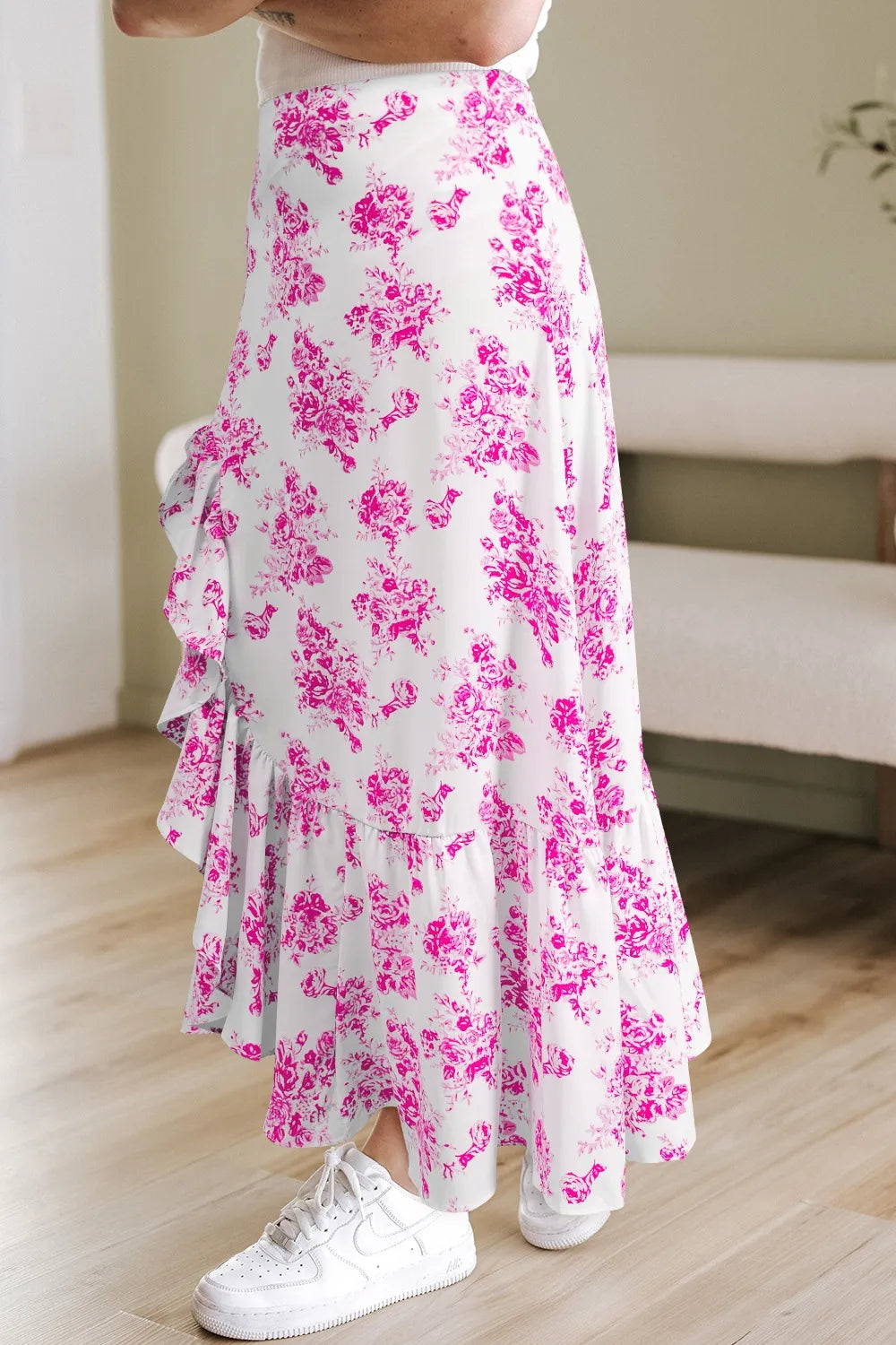 Boho Floral High Waist Ruffle Split Maxi Skirt -