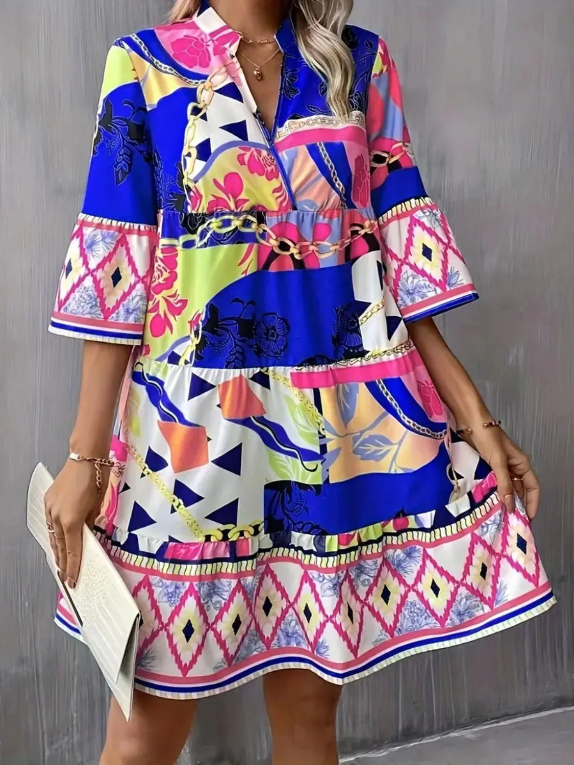 Printed Notched Tiered Dress - Royal Blue