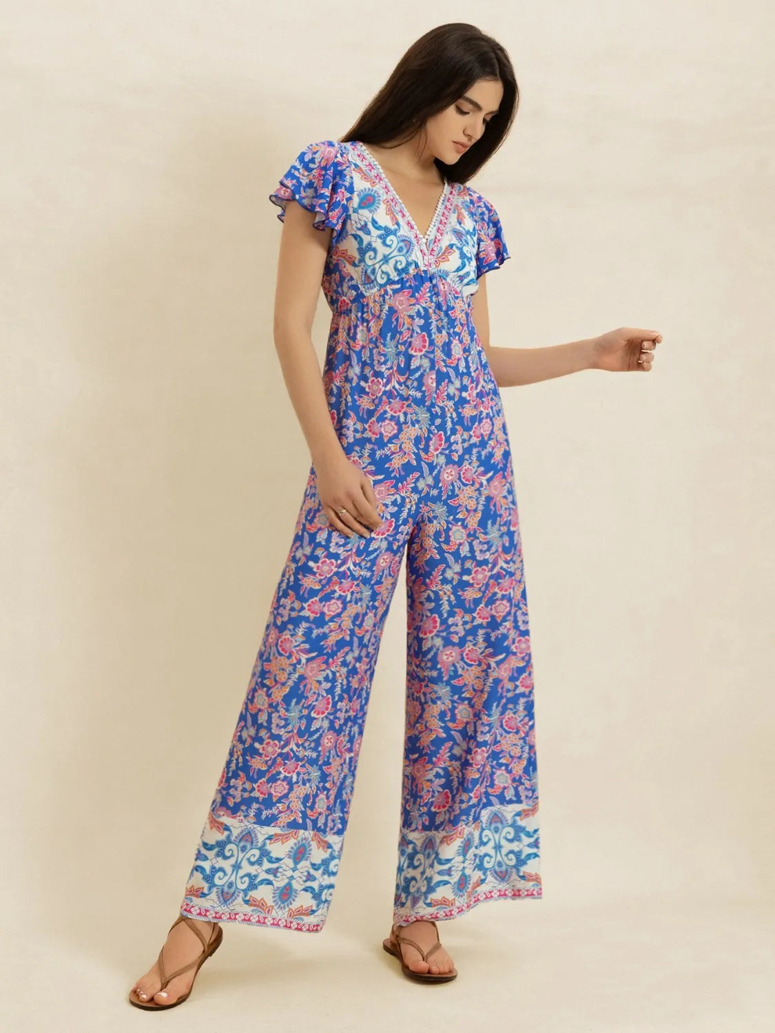 Printed V-Neck Wide Leg Jumpsuit -