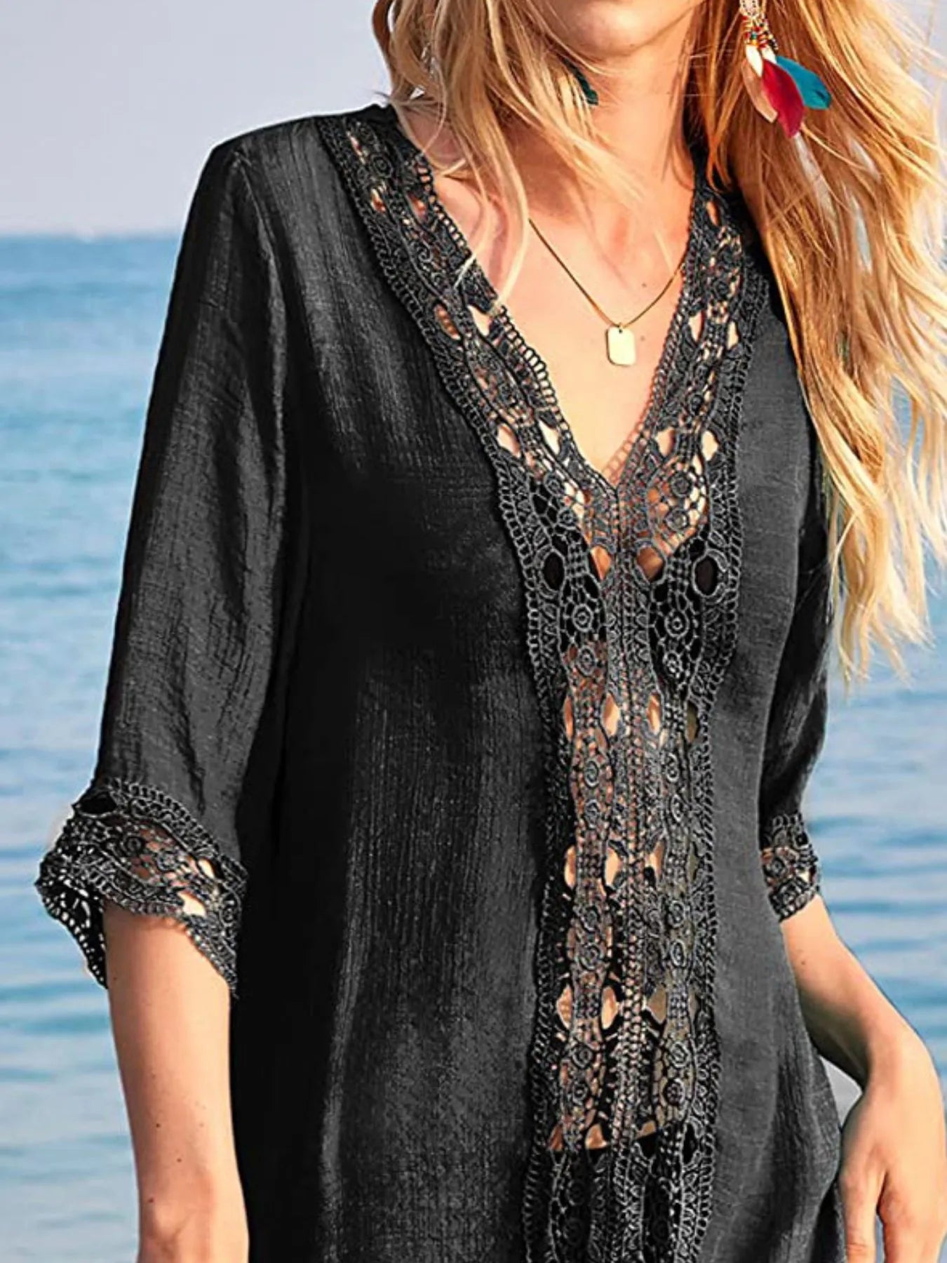 Lace Trim V-Neck Cover-Up - Black