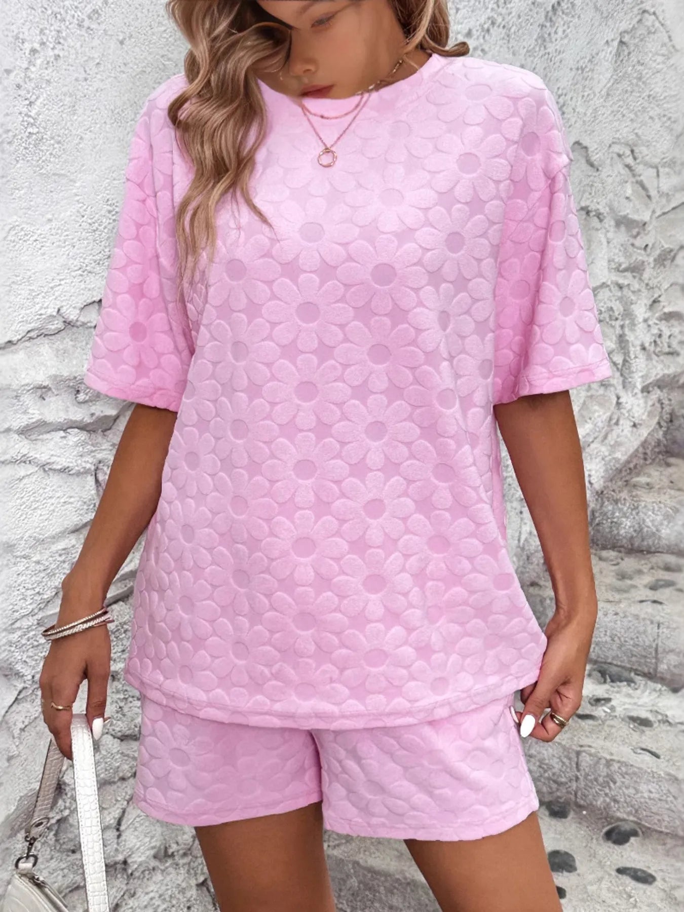 Flower Round Neck Top and Shorts Lounge Set -