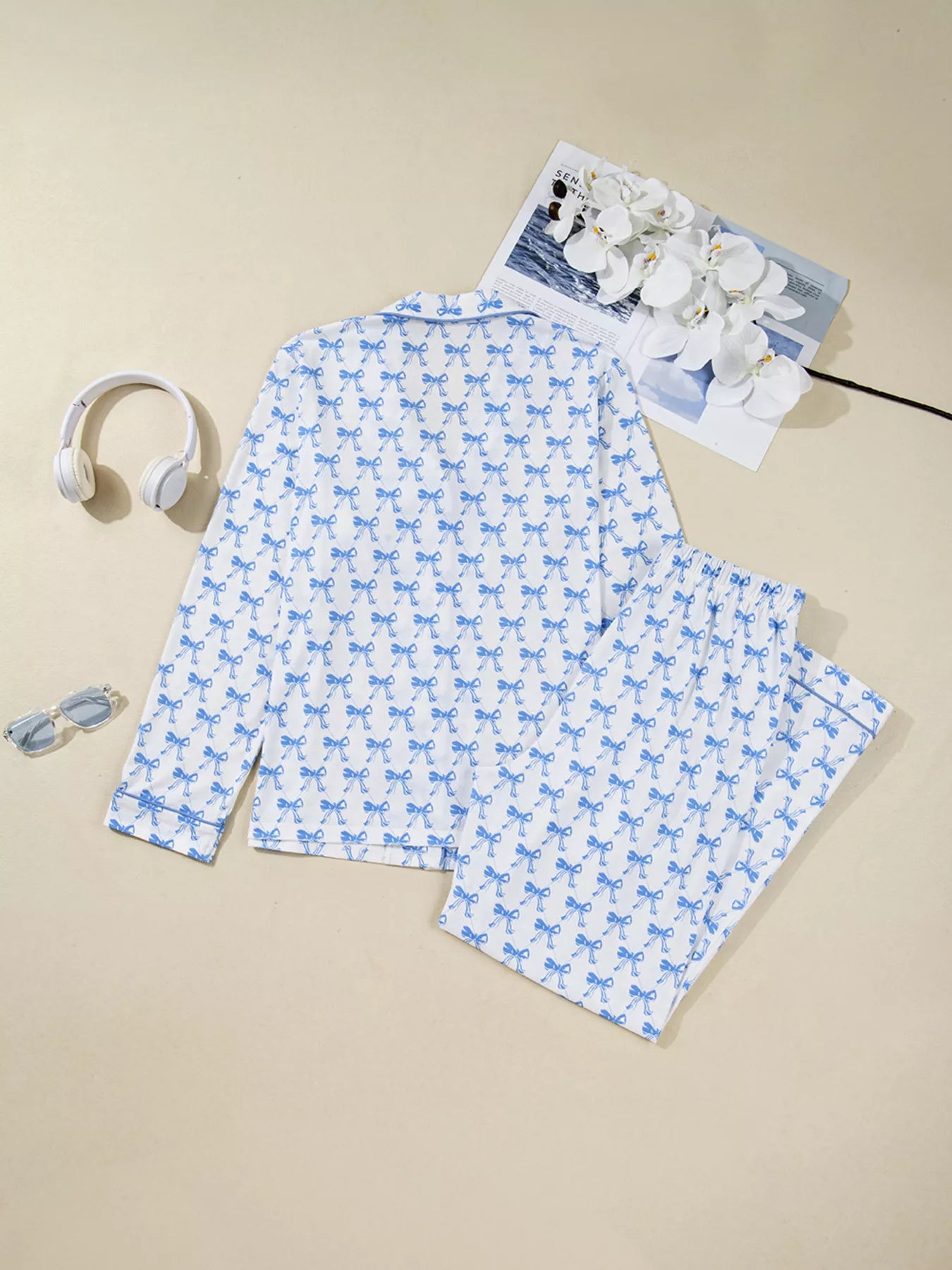Bow Print Long Sleeve Shirt and Pants Pajama Set -