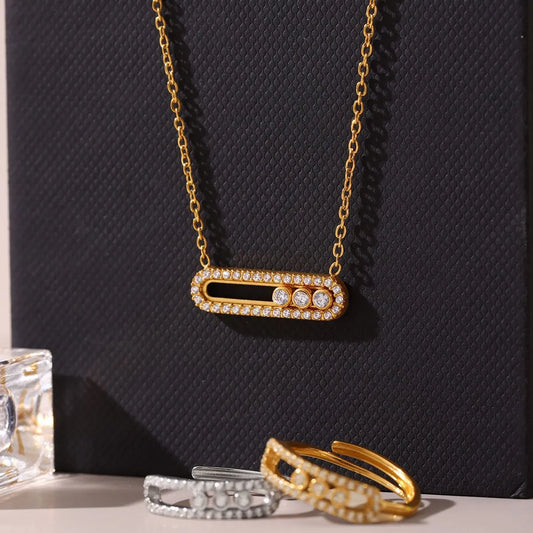 Moving Crystal Bar Necklace and Ring Jewelry Set - Gold One Size